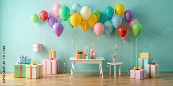 Fototapeta A Festive Room Decorated with Colorful Balloons and Presents for a Celebration