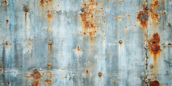 Fototapeta Rustic Weathered Metal Sheet with Oxidized Fasteners Showing Extensive Corrosion and Texture