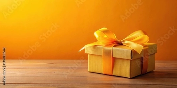 Fototapeta A golden gift box with a vibrant yellow ribbon sits on a wooden surface against a sunny background, ready to be presented.