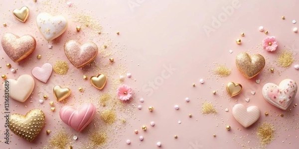 Fototapeta Romantic Pink and Gold Heart-Shaped Confections Scattered on a Delicate Pastel Background