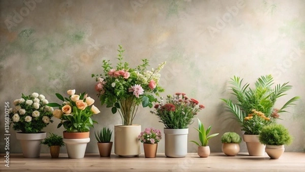 Fototapeta A serene arrangement of potted plants and flowers, showcasing diverse blossoms and foliage, displayed on a wooden surface against a textured wall.