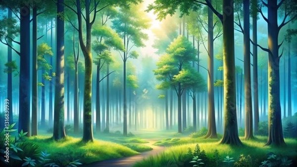 Fototapeta Serene Woodland Path Sunlight Illuminates a Mystical Forest, Where Lush Greenery and Tall Trees Create an Enchanting Atmosphere