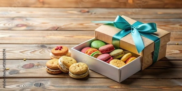 Fototapeta A Gift Box Filled with Delightful Macarons and Sweet Cookies on a Rustic Wooden Table