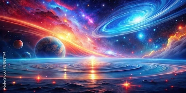 Fototapeta A Vibrant Celestial Seascape Planets, Nebulae, and a Cosmic Ocean at Sunset