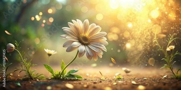 Fototapeta A single daisy blooms in a magical golden light, surrounded by other delicate wildflowers and shimmering particles, creating an ethereal, dreamlike scene of nature's beauty.