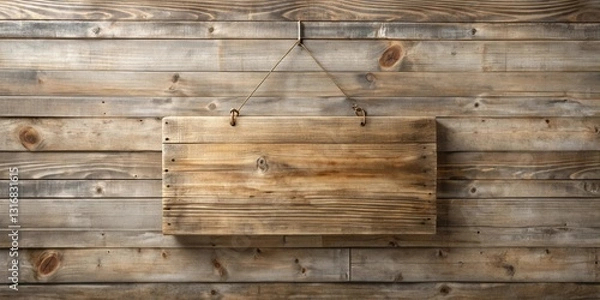 Fototapeta Rustic Wooden Sign Hanging on Weathered Plank Wall, Perfect for Your Message or Announcement