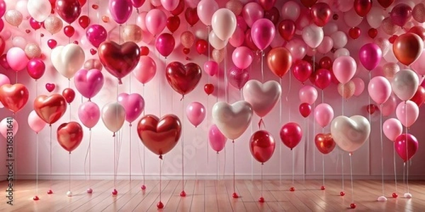 Fototapeta Romantic Celebration A Room Filled with Heart-Shaped Balloons in Shades of Pink and Red, Creating a Festive and Loving Atmosphere