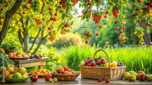 Fototapeta Abundant Harvest A Summer's Day of Freshly Picked Fruits in a Lush Garden Setting