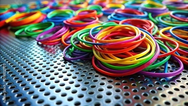 Fototapeta A vibrant collection of colorful elastic bands arranged on a perforated metallic surface, showcasing a spectrum of hues and textures.