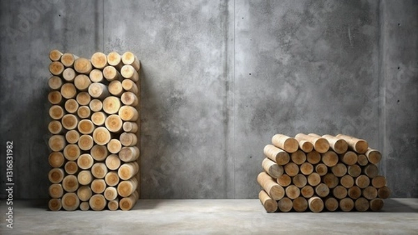 Fototapeta Rustic wooden logs stacked against a concrete wall, forming a unique interior design element