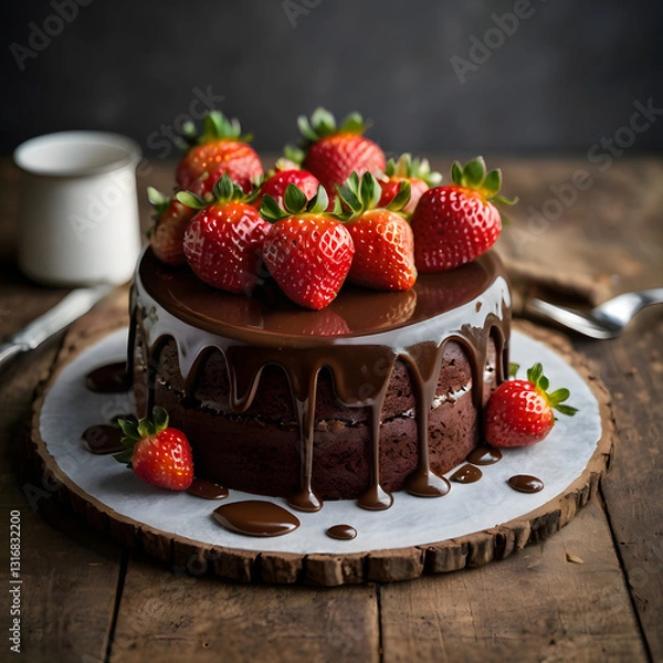 Fototapeta A rich, double-layered chocolate cake covered in dripping chocolate and topped with fresh strawberries.