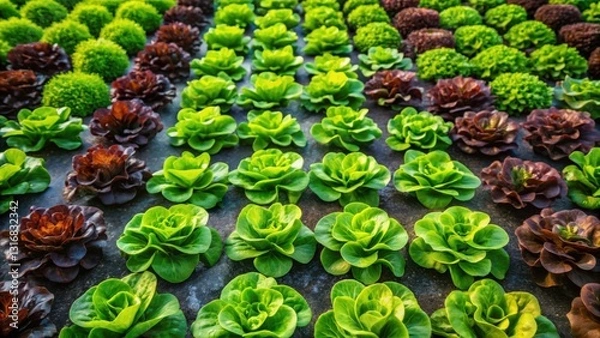 Fototapeta Rows of vibrant green and dark red lettuce plants cultivated in a controlled environment