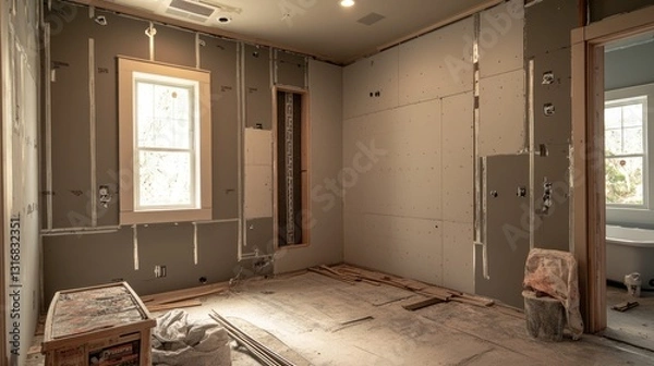 Fototapeta A bathroom under construction with moisture-resistant drywall installation.