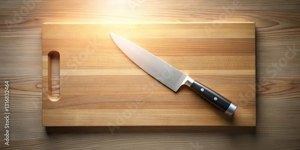 Fototapeta A chef's knife rests on a light wood cutting board, bathed in warm, inviting light
