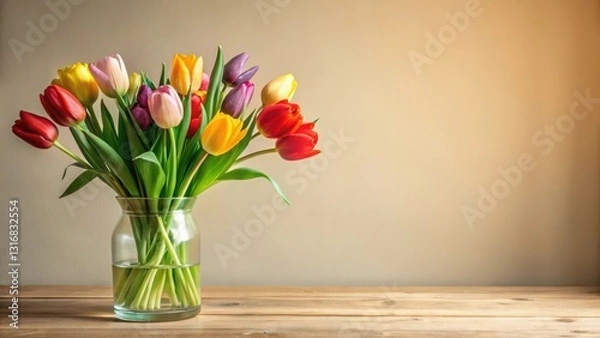Fototapeta A vibrant bouquet of multicolored tulips arranged in a clear glass vase sits on a rustic wooden surface against a warm-toned background, creating a cheerful and inviting springtime scene.