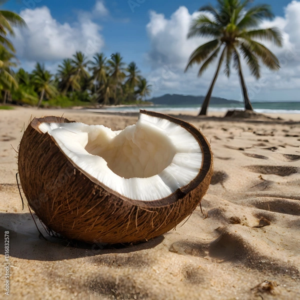 Fototapeta  A single coconut half resting on the sand with the ocean and palm trees in the distance.