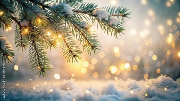 Fototapeta Winter Wonderland Enchanting Evergreen Branch Adorned with Festive Lights Resting on a Snowy Surface, Illuminated by Warm Golden Glowing Lights