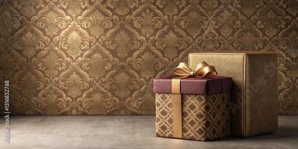 Fototapeta Elegant Gift Boxes on a Luxurious Background Featuring Intricate Gold and Brown Design