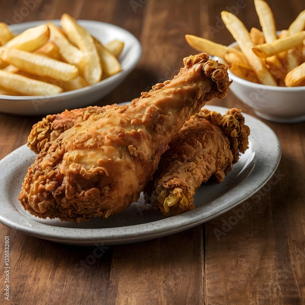 Fototapeta A plate of golden-brown fried chicken legs served with a side of fries.