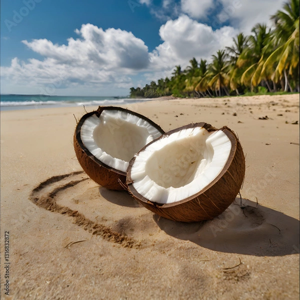 Fototapeta A freshly cracked coconut resting on a sandy beach with palm trees in the background.