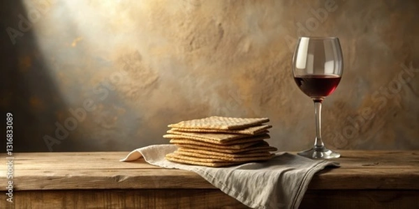 Fototapeta Rustic wooden table setting with stack of unleavened bread and glass of red wine against a textured background