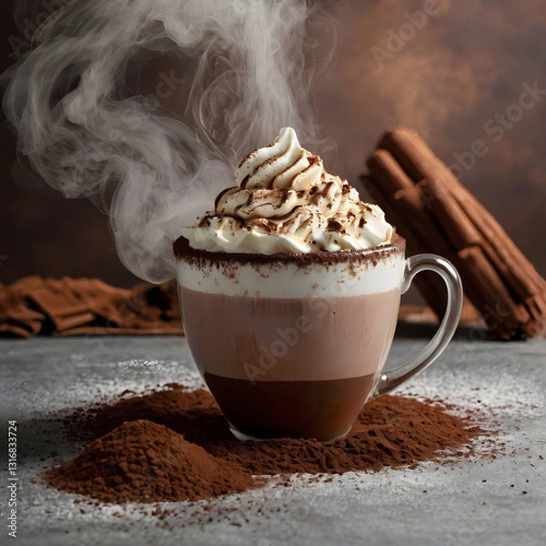 Fototapeta  A comforting cup of hot chocolate with steam rising, surrounded by cocoa powder and cinnamon.