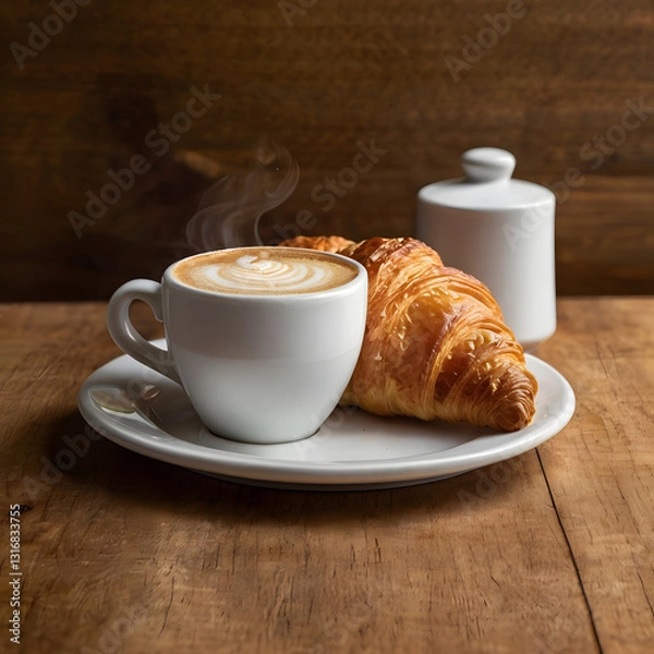 Fototapeta A cup of cappuccino served with a golden, flaky croissant on a rustic wooden table.