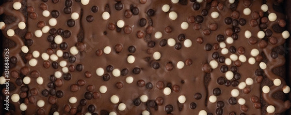 Fototapeta Chocolate brownie cake texture background sprinkled with white and dark balls, brounie banner