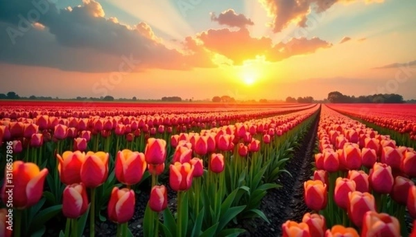 Fototapeta Tulip and mimosa fields stretching towards sun, flora, flowers