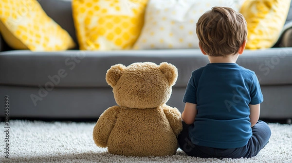 Fototapeta Autism Awareness: A Child and Teddy Bear Sitting in a Living Room Symbolizes Loneliness, Understanding, and the Need for Inclusion and Support