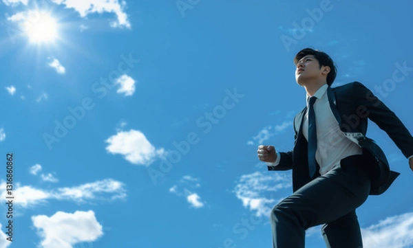 Obraz 青空の下、全力で走る新人ビジネスマン