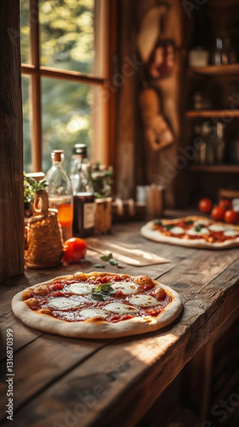 Fototapeta Pizza with mozzarella, mushrooms, and olives, vertical mobile image