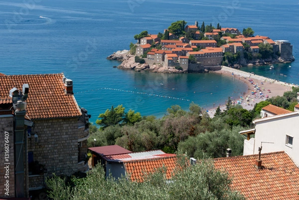 Fototapeta Sveti Stefan Island and Beach on the Adriatic Coast, Montenegro