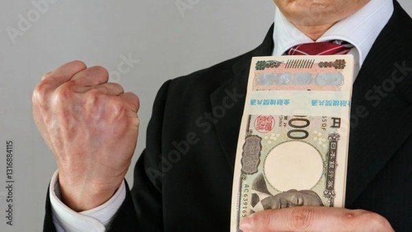 Obraz 札束を持ちポーズをするビジネスマン