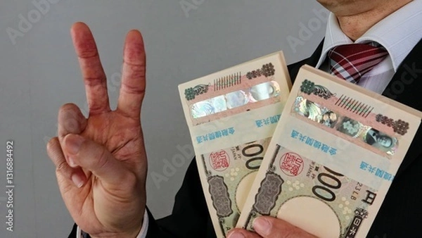 Obraz 札束を持ちポーズをするビジネスマン