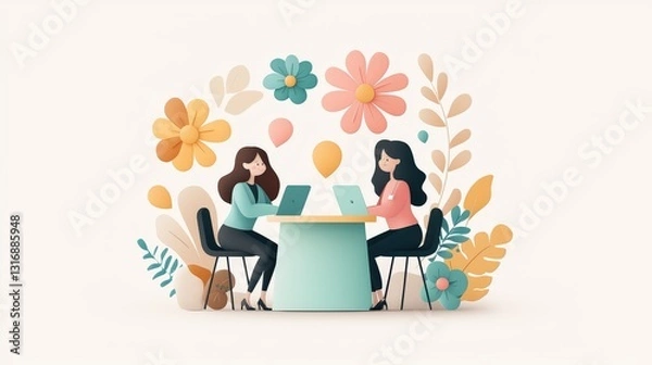 Fototapeta Minimal and cute illustration of teachers having a meeting, with soft paper tones and textured elements. Ideal for educational content focusing on collaboration and teamwork among educators.