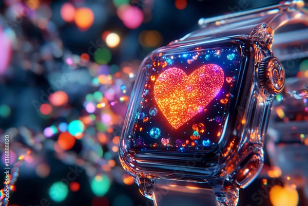 Fototapeta Digital heart icon pulsating on smartwatch screen with abstract calm patterns, soft blue and green hues creating a serene atmosphere of clarity and technology