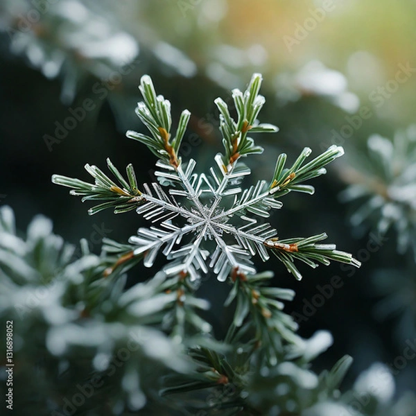 Fototapeta Close-Up of a Snowflake Resting on a Pine Needle