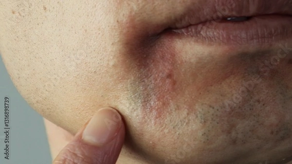 Obraz レーザー脱毛後の肌荒れを指差す日本人男性