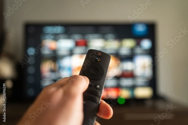 Fototapeta A person holds a remote in front of a vibrant TV screen, ready to browse and enjoy shows