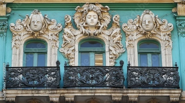 Fototapeta Ornate architectural facade with sculpted faces and balcony details