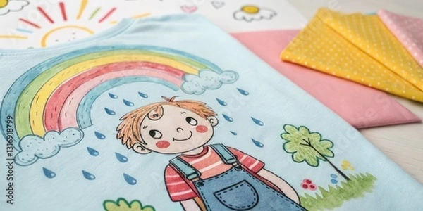 Fototapeta  A colorful child's drawing of a happy moment under the rainbow. Perfect for art blogs, creativity, childhood development, and education-related content.