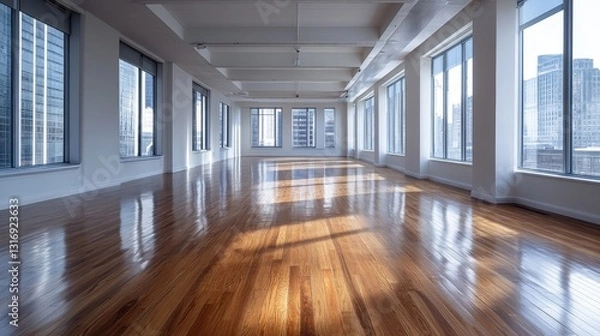 Fototapeta Spacious sunlit empty room with large windows and wooden flooring in urban building