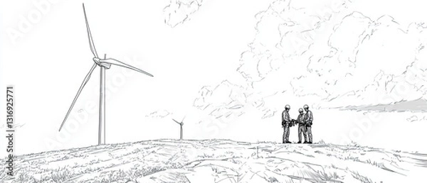 Fototapeta Two Technicians Discussing Wind Turbine Maintenance in Landscape