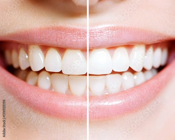 Fototapeta Before  after teeth whitening showcasing a brighter whiter smile  Gums and lips appear healthy and pink