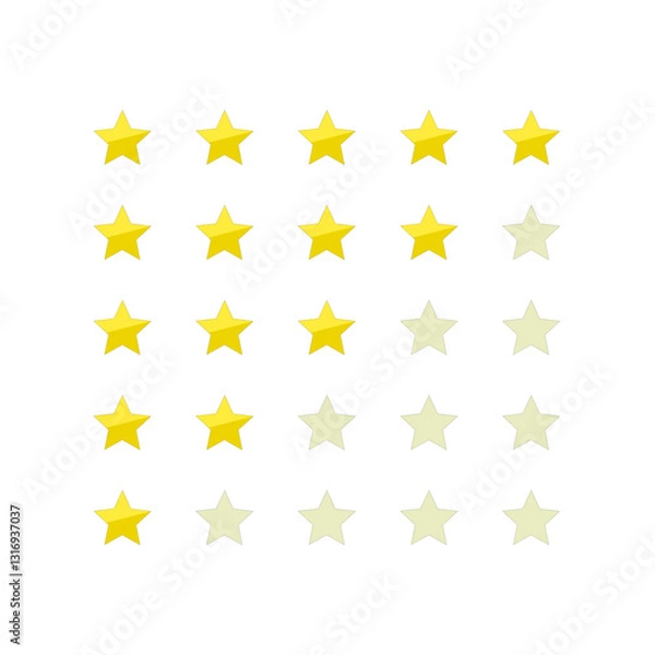 Fototapeta A star rating system illustration featuring yellow and faded stars, commonly used for reviews, feedback, rankings, and evaluations in digital platforms.
