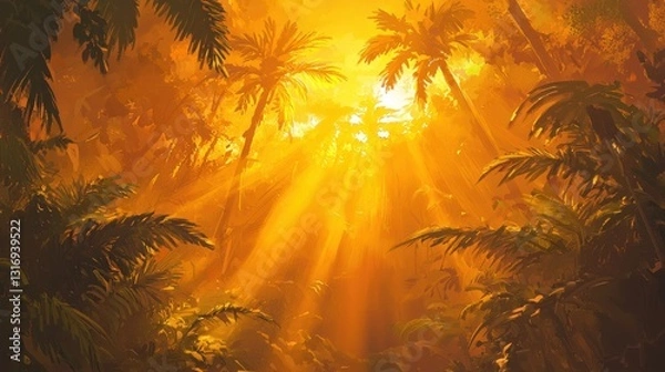 Fototapeta Golden sunlight beams through lush tropical palm trees in a dense jungle.