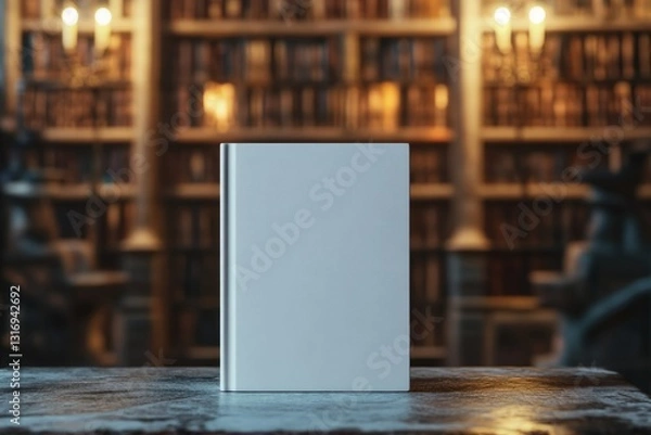 Fototapeta Copy Space of a Book – Minimalist White Mock Up Book on Stone Table in Ancient Library with Warm Candlelight