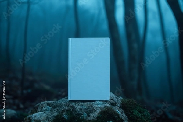 Fototapeta Copy Space of a Book – Crisp White Hardcover Mock Up Book on Mossy Rock in Misty Forest with Enchanted Atmosphere