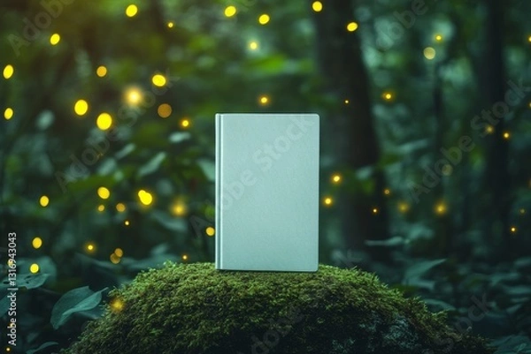 Fototapeta opy Space of a Book – Unmarked White Mock Up Book on Moss-Covered Stone in Mystical Forest with Fireflies